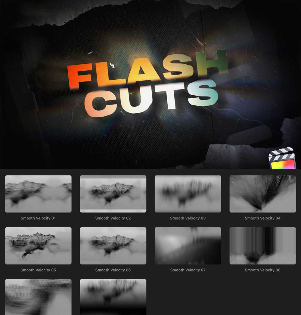 FCPX插件：50个全新快速剪辑拼贴画、胶片、毛刺、棱镜灯、划痕、变速视频转场过渡 Flash Cuts（13402）