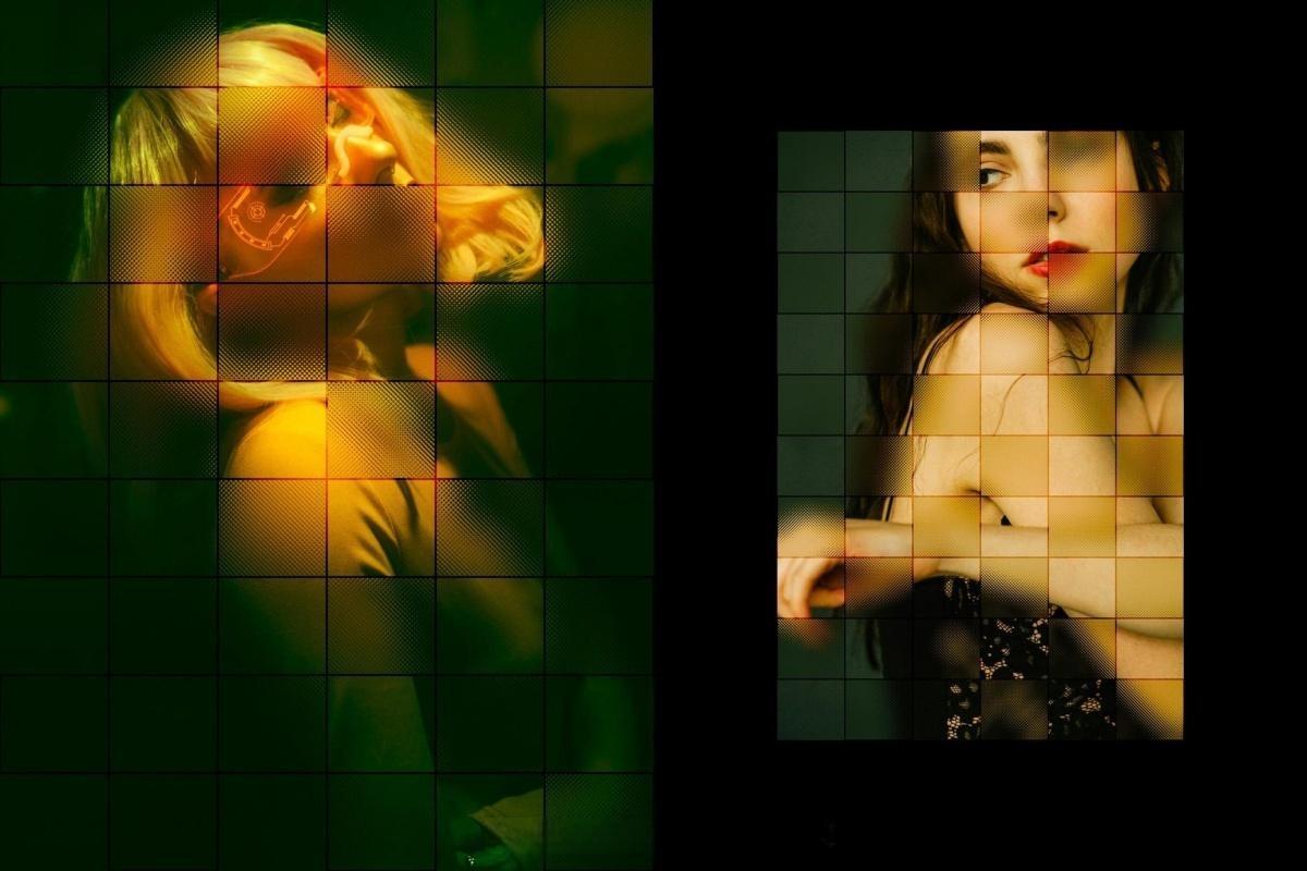 创意风格渐变弥散光网格像素方块效果PSD特效样机 Square Glass Tile Photo Effect（13313）