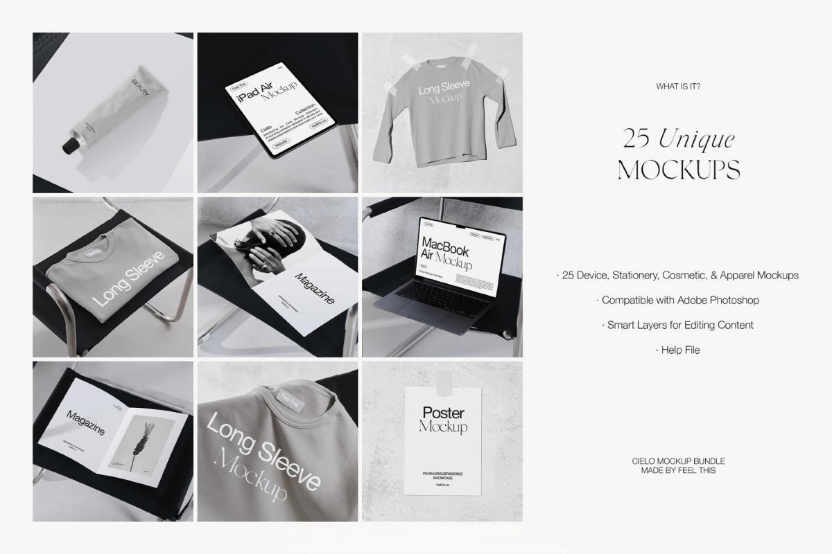 25个极简主义高分辨率服装包装印刷品海报场景PSD样机 Device & Branding Bundle（13559）