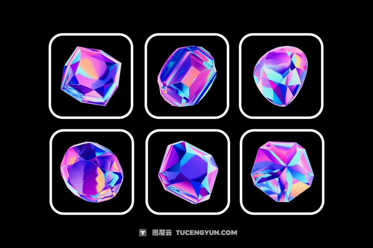 30款3D全息镀铬宝石水晶PNG免扣插画图片设计元素 Crystals Collection – 3D Objects Set（13231）