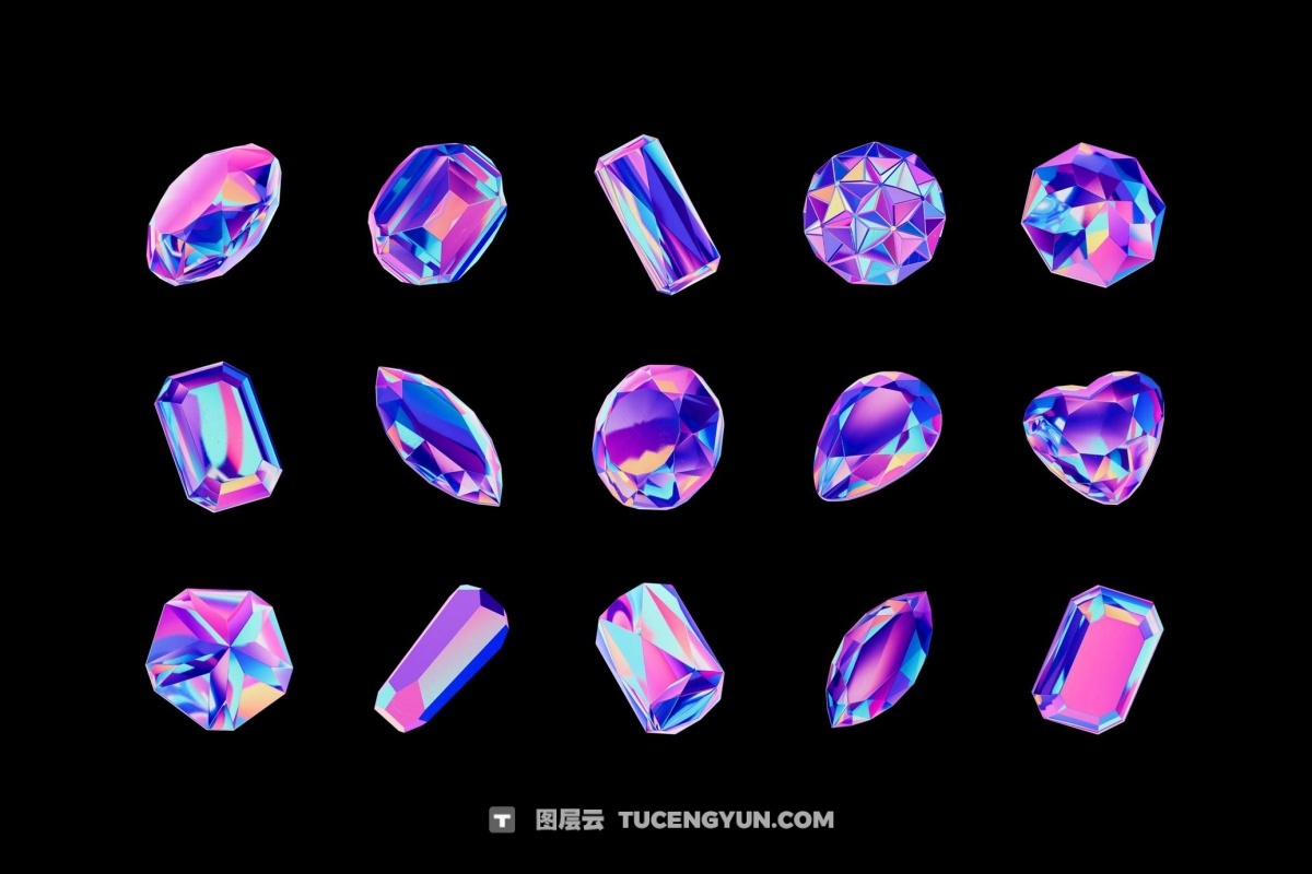 30款3D全息镀铬宝石水晶PNG免扣插画图片设计元素 Crystals Collection – 3D Objects Set（13231）