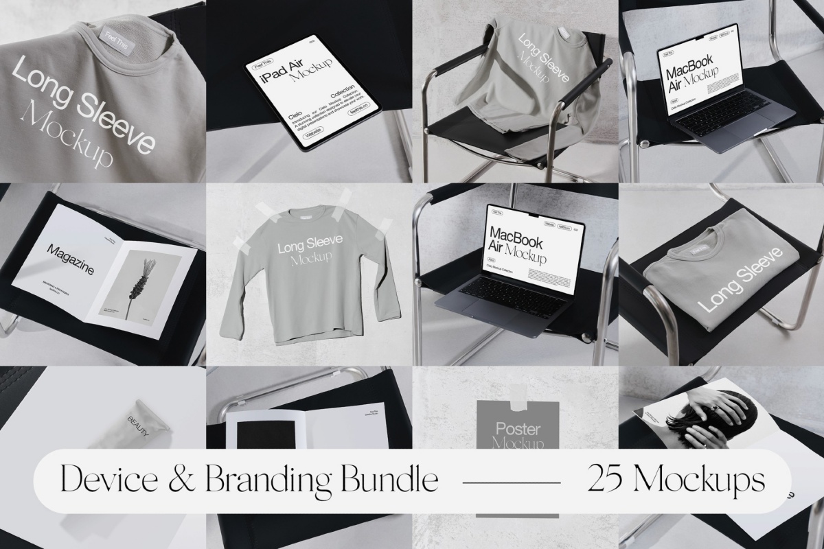 25个极简主义高分辨率服装包装印刷品海报场景PSD样机 Device & Branding Bundle（13559）