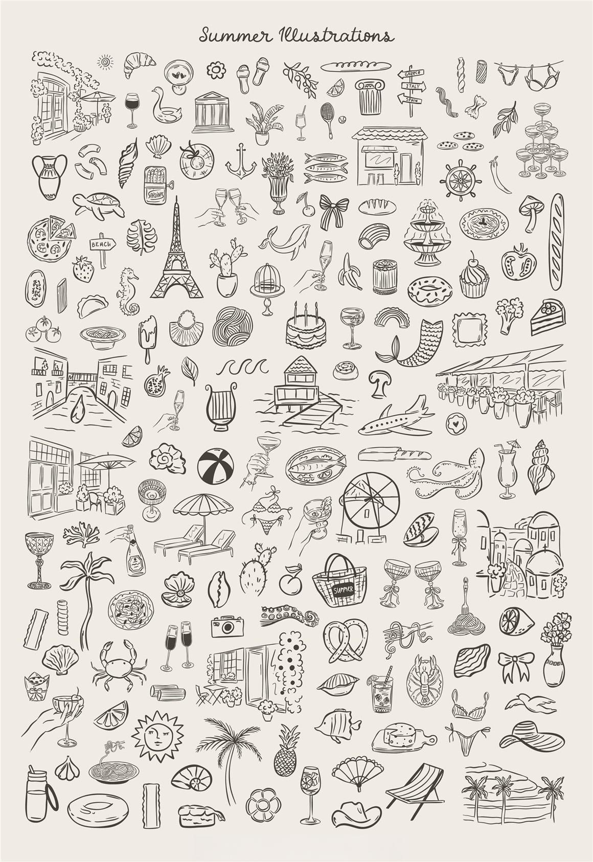 300个夏季婚礼文创海滩派对手绘趣味AI矢量插画插图PNG图片设计套装 Whimsical Summer Bundle（13322）