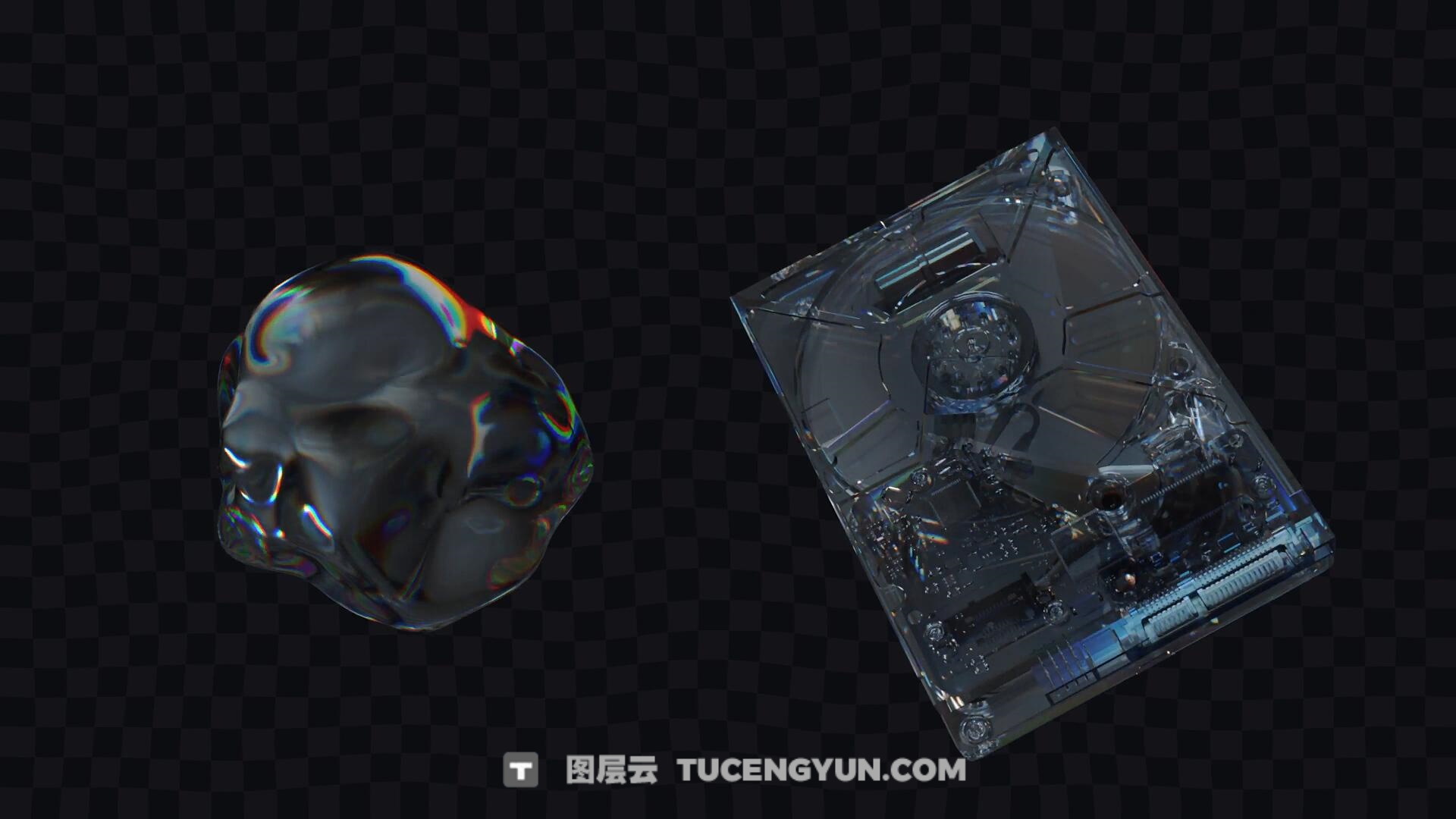 66个超现实主义水晶玻璃材质光线折射电子产品玩具几何形状字母数字透明通道MOV视频素材（13341）
