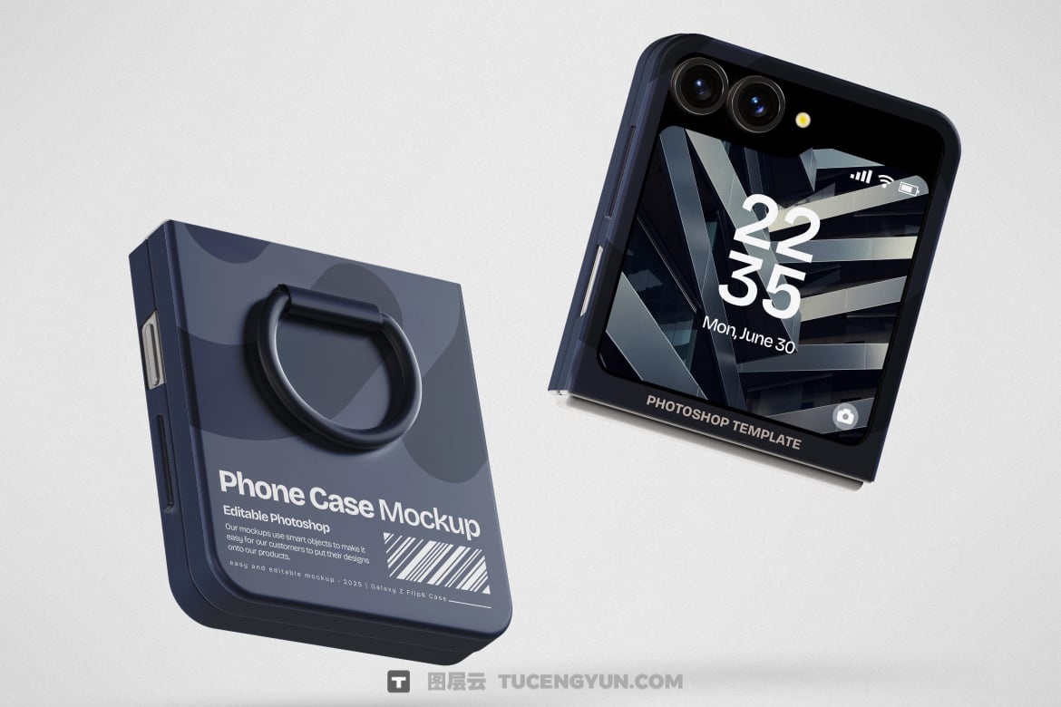 3个高分辨率极简可折叠智能手机屏幕UI设计展示PSD样机 Galaxy Z Flip 6 Phone Case Mockup（13356）